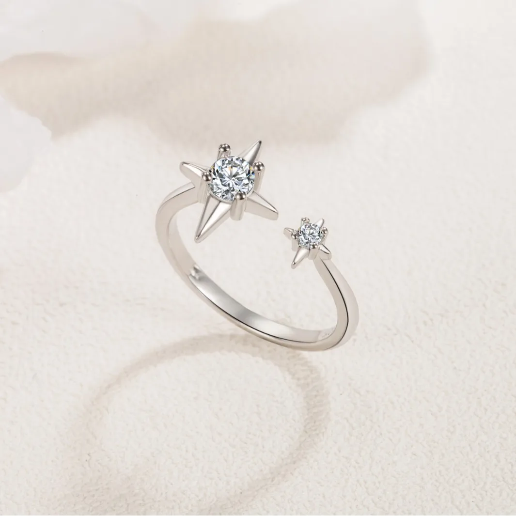 Fashion Women's S925 Sterling Silver Ring, FourPointed Star Starlight Zircon Jewelry Ring