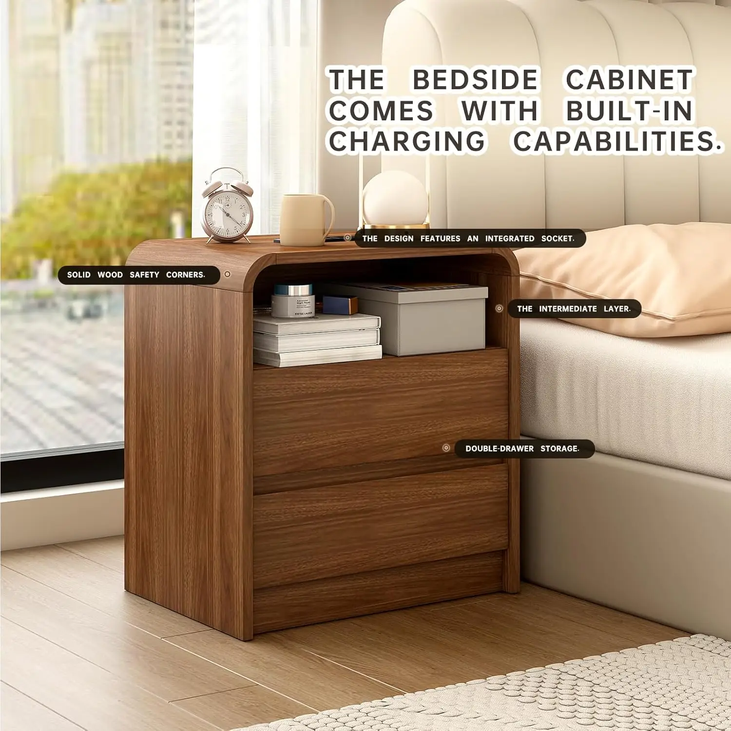 Modern Nightstand 23.6' Wide with Charging Station, Mid-Century Design, Anti-Collision Curve, Ideal for Dorm, Sofa, Office