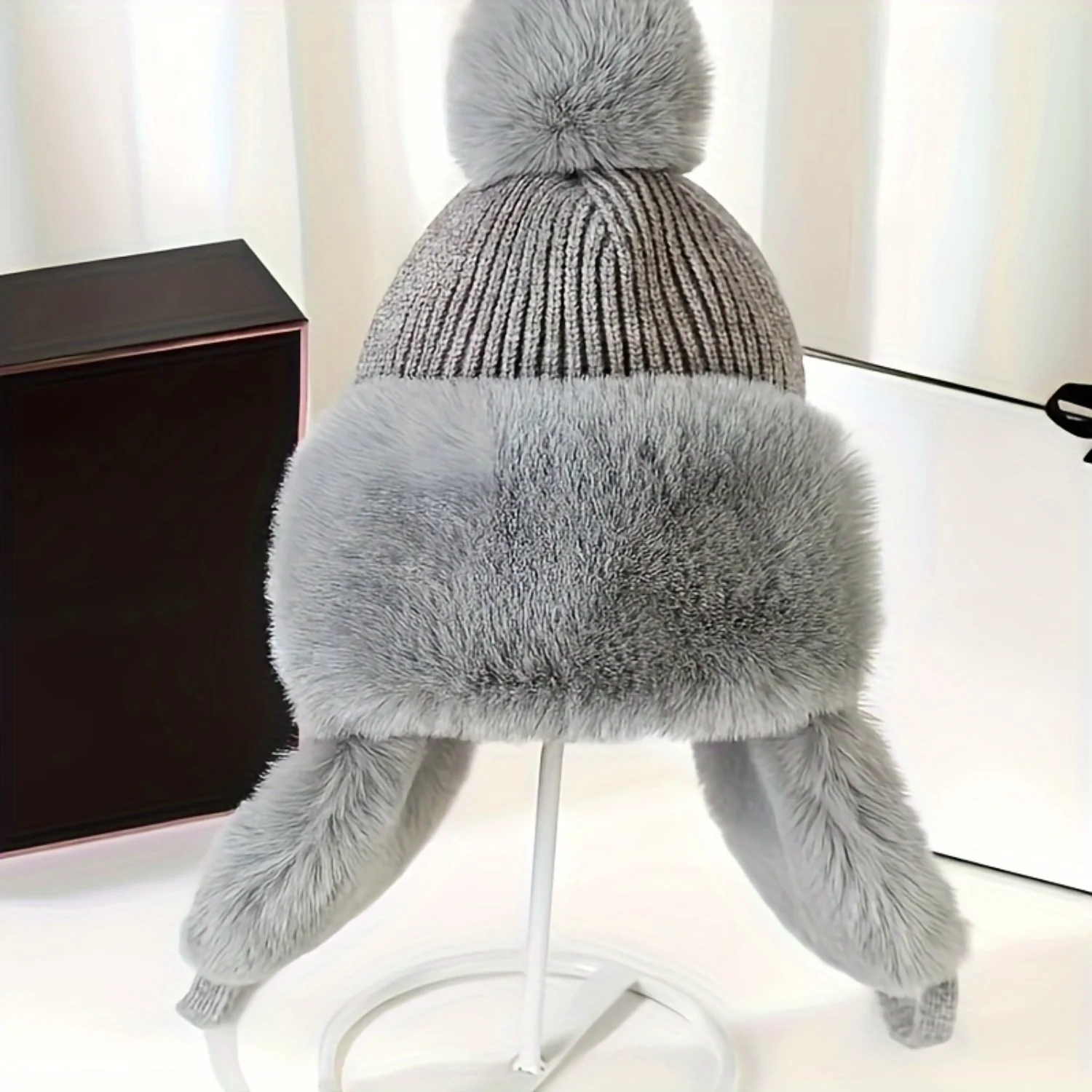 Thick Knitted Earflap Hat Winter Warm Plush Hat Lightweight Beanie with Pom Pom Classic Windproof Knitted Women's Hat-In