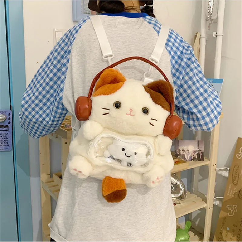 

Women New cartoon and cute headphones backpack girl plush cat shoulder bag
