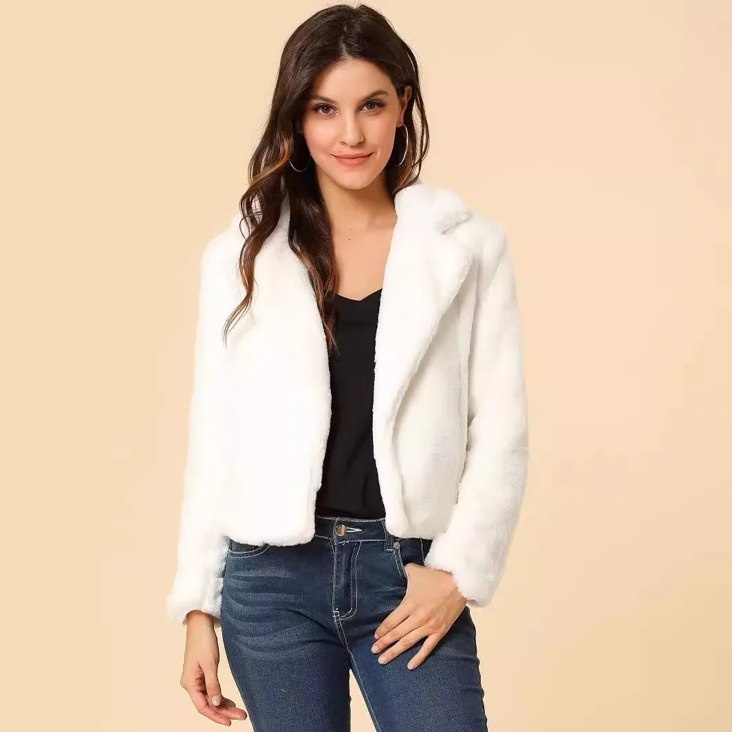 フリース冬用レディースフェイクラビットファーコート、ノッチカラー、ポケット付き、エコファー、レディーススリムフィット、保温性のある女性用ミンクファーコート