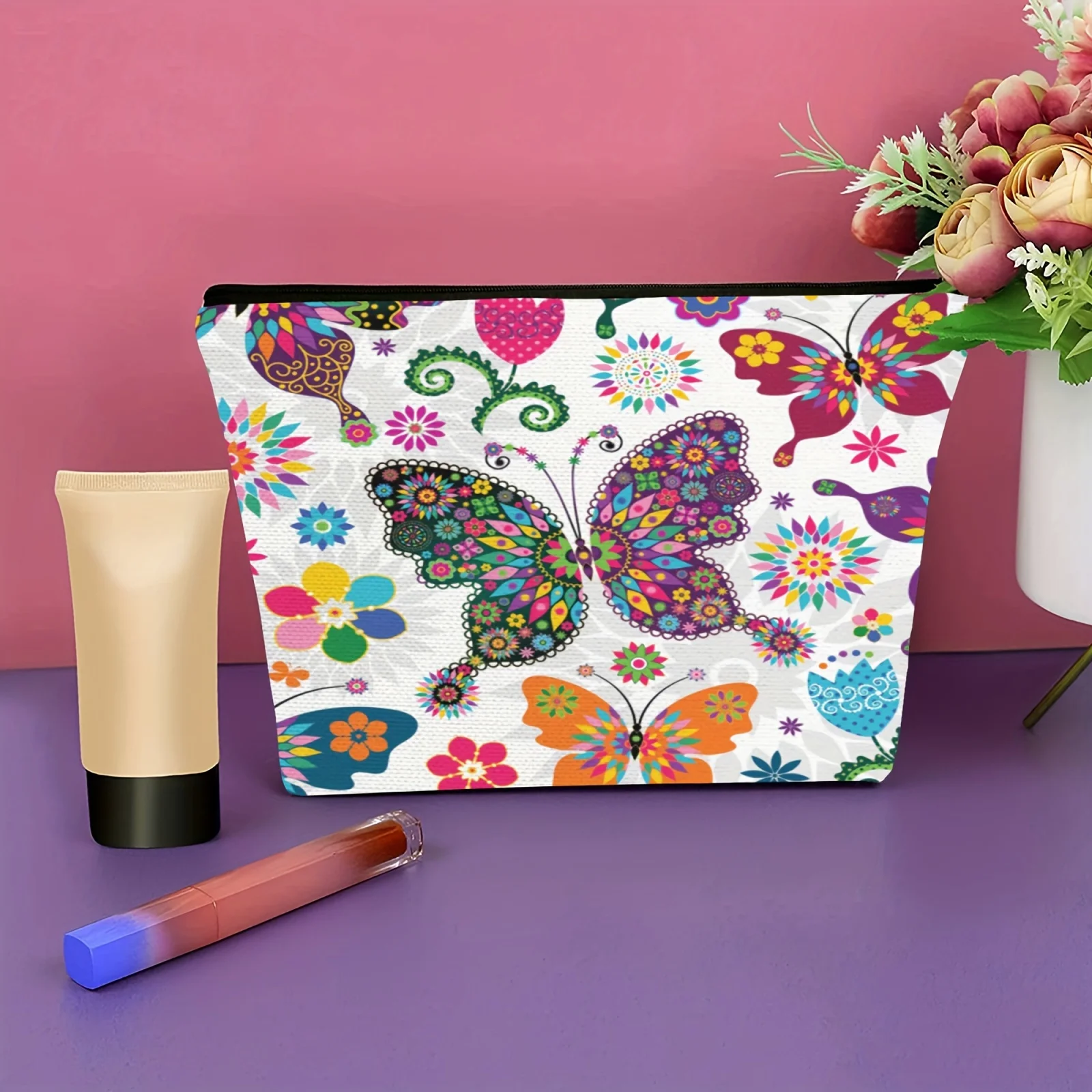 1pc Whimsical Butterfly Design Linen Fabric Makeup Bag Travel Cosmetic Organizer Pouch with Zipper Clutch for Women Storage Bag