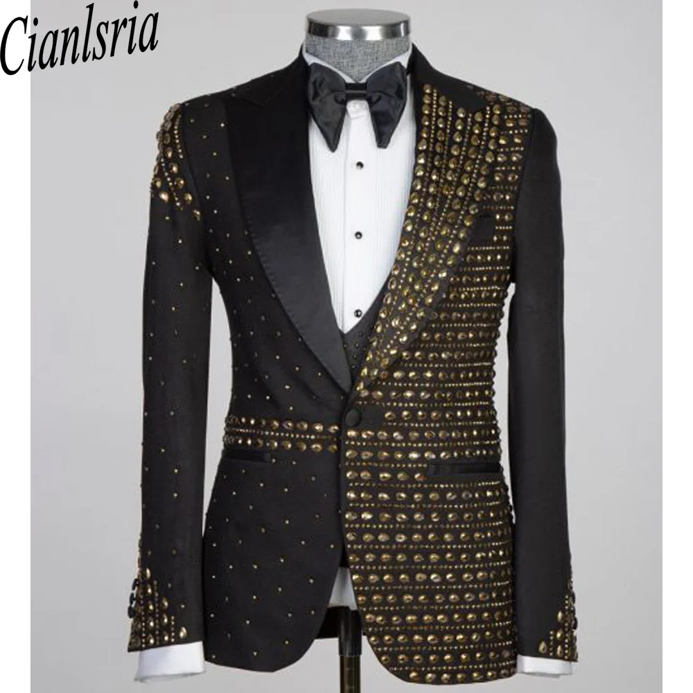 Men's Black Tuxedo Suit Gold Rhinestone Beaded Blazer Vest 3 Piece Set Slim Fit Luxury Wedding Groom Prom Party Dress