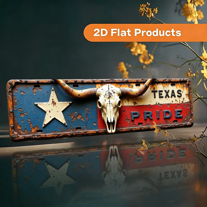 Plaque Métallique Vintage 2D Drapeau du Texas Crâne Longhorn Décoration Murale Style Rustique Western Bar Barrière Homme Cave Restaurant Événement Rodeo Foire Campagne