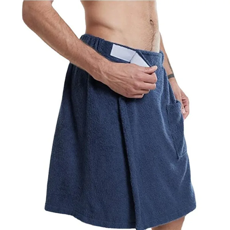 Mens Male Bathhouse Shower Room Elastic Waistband Bathing Towel with Pocket Beach Home Bathing Skirt Coral Fleece Bath Skirt