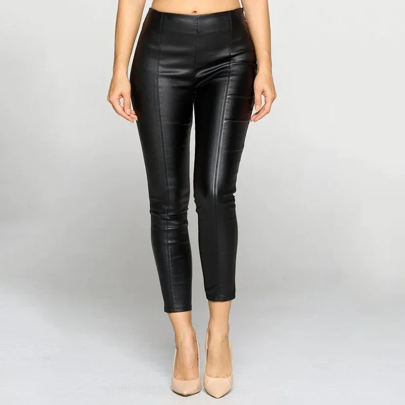 Women High Waist Bodycon Splicing PU Pants Cropped Pants Ladies Stretch Faux Leather Slim Pencil Pants Side Zip Support Custom