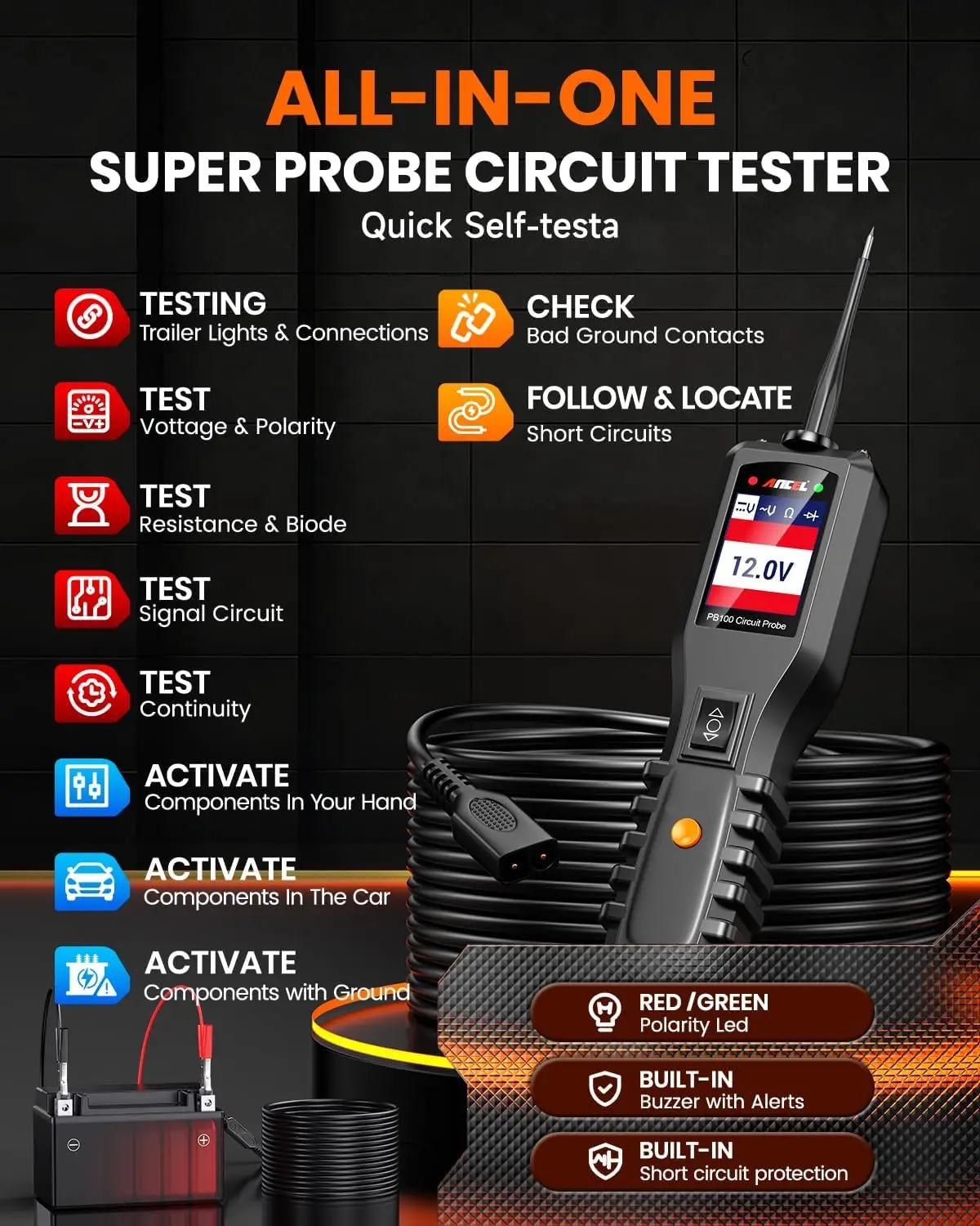 12-24V Automotive Circuit Tester with 40FT Cable, Multifunction Electrical Diagnostic Tool for Vehicle Systems