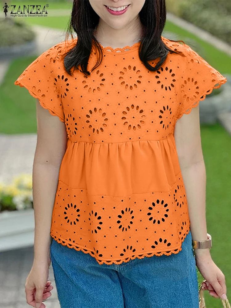 Women Lace Tops Summer Vintage Hollow Out Blouse Fashion Short Sleeve Tunic Solid Pullovers Casual Loose Blusas 2025 ZANZEA