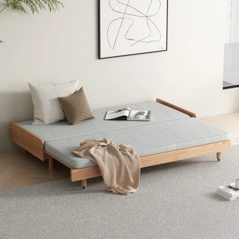 

All solid wood sofa bed, small apartment living room multi-functional push-pull bed folding dual-purpose tatami Nordic solid woo