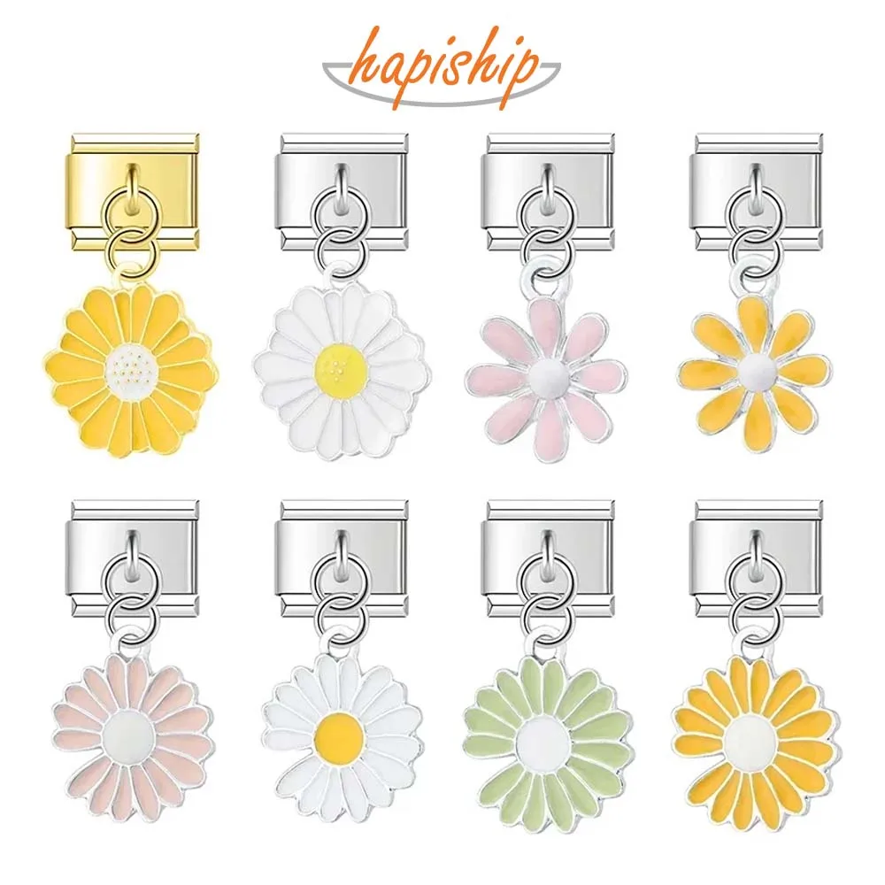 Hapiship New Fashion Colour Glaze Daisy Flower Italian Links Charm Fit 9mm Stainless Steel Bracelet Jewelry DIY Making DJ436