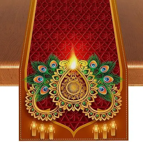 Happy Diwali Festival of Lights Linen Table Runner Party Decor Reusable Kitchen Dining Table Runner Indian Deepavali Decorations