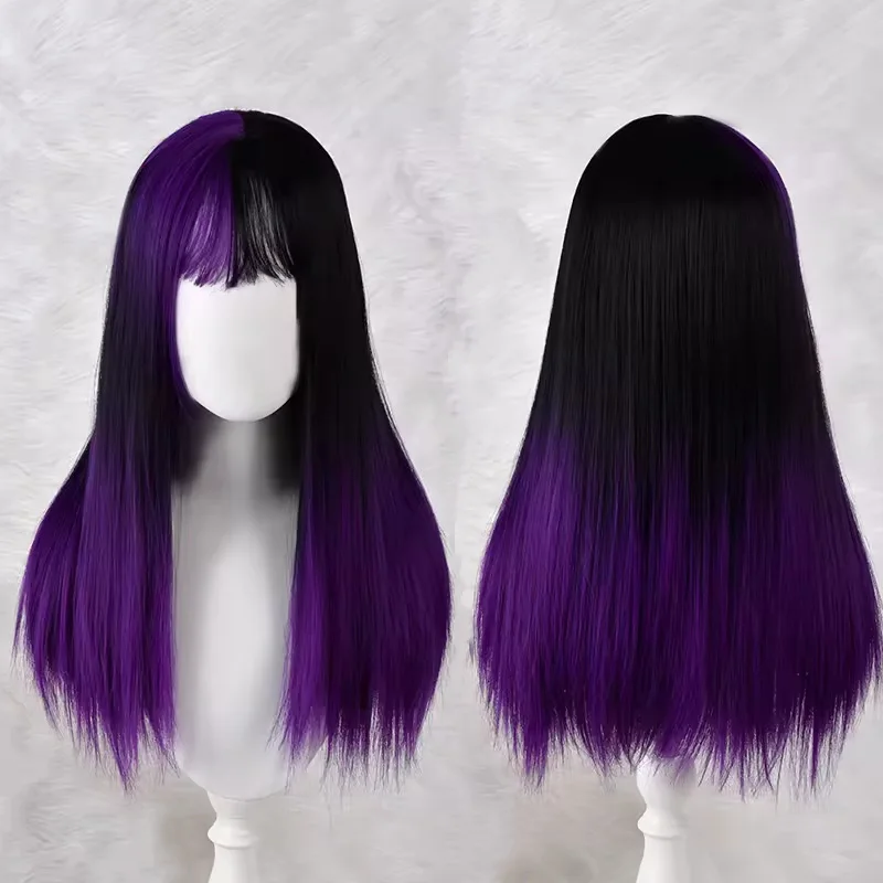 Half Black Half Purple Split Color Wig Long Straight with Bangs Synthetic Hair for Women Cosplay Halloween Party