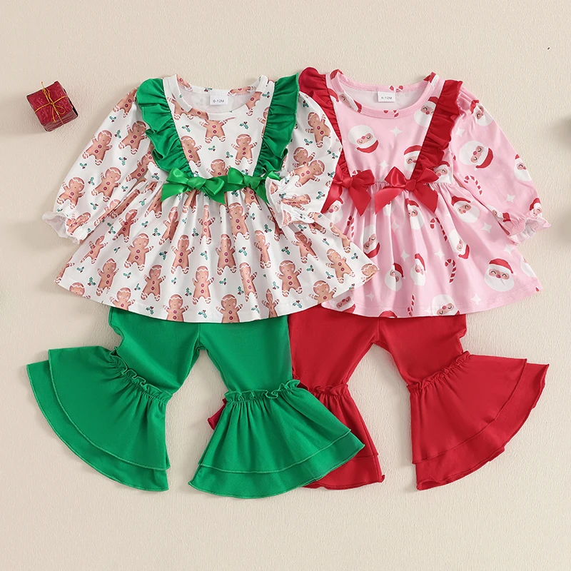 6M-4Y Toddler Girl Christmas 2Piece Outfits Set Santa Claus/Gingerbread man Print Ruffled Long Sleeve Tops + Solid Flare Pants