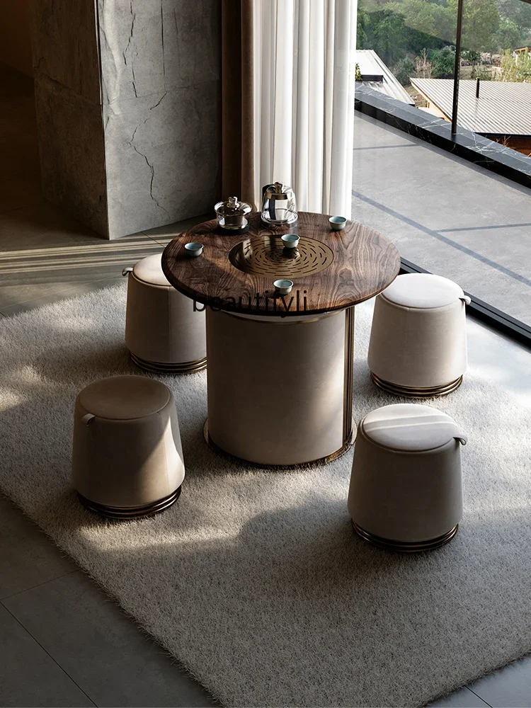 Round Tea Table Small Apartment Balcony Modern Minimalist Black Walnut Tea Making Table