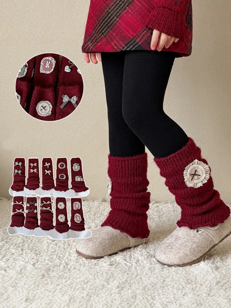 Girls Christmas Knit Leg Warmers Bow Lace Patch Red Children Leggings Cuffs Soft Warm Kids Socks Covers