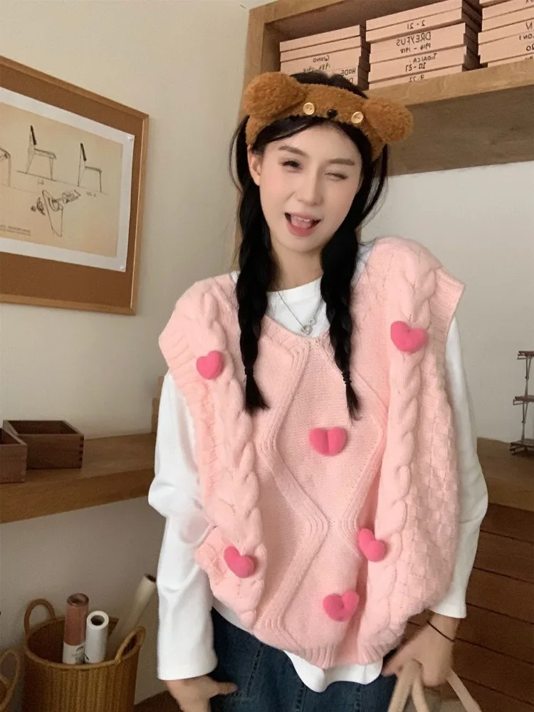 Kimotimo Sweet 3D Heart Knitted Vest Women 2024 Autumn Pink V Neck Loose Sleeveless Sweater Korean Chic All Match Y2k Pullover