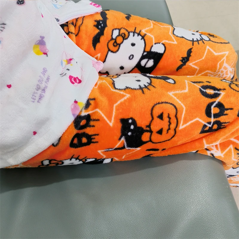 Halloween Hello Kitty Pajama Pants Sanrio Anime Fleece Double Elastic Fabric Soft Trousers Women Cartoon Birthday Gift