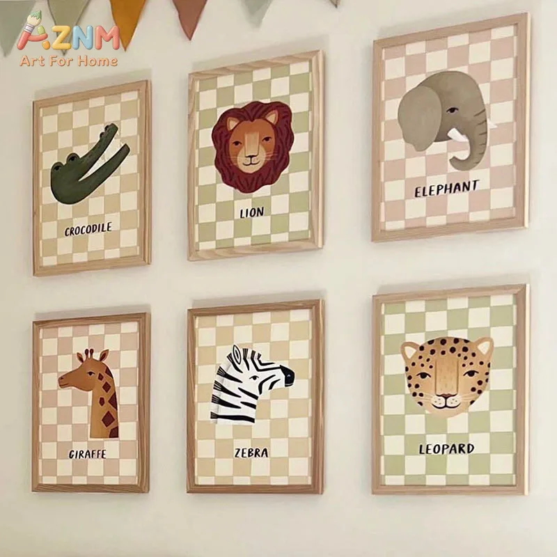 AZNM Boho Checkerboard Safari Animal Canvas Print Lion Elephant Giraffe Zebra Cartoon Animal Name Wall Poster Unframed Kids Nurs