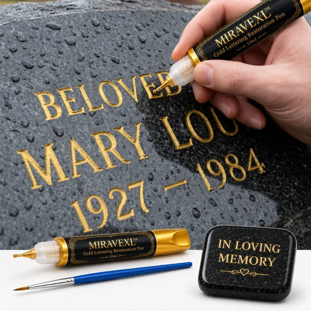 Gold Tombstone Marker Pen 10ml with Detail Brush, Waterproof Paint Pen for Restoring Faded Grave Inscriptions on Granite