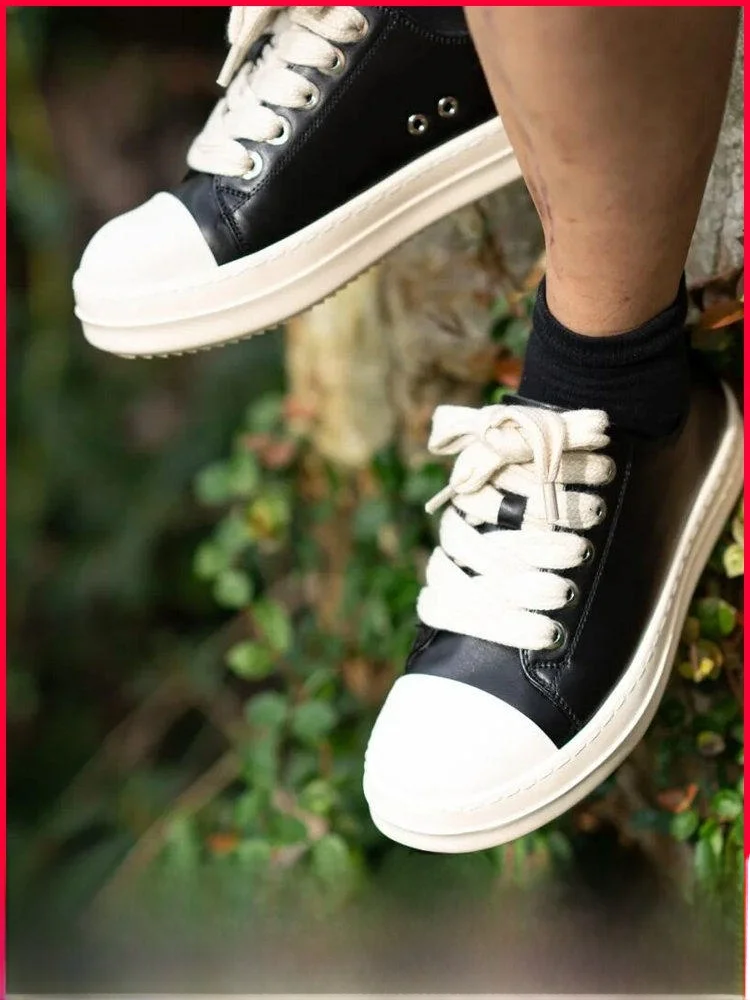 

High-End Leather Skate Shoes Men's Low-Top Thick Bottom Casual Shoes Vintage High Street Style round Toe Rubber Outsole