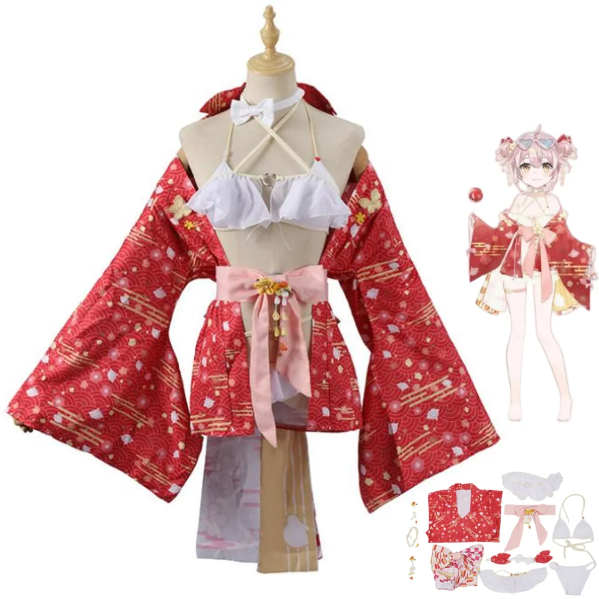 

Anime Virtual YouTuber Ace Taffy Cosplay Costume VTuber Japanese Kimono Coat Swimsuit Bikini Woman Sexy Lovely Summer Party Suit