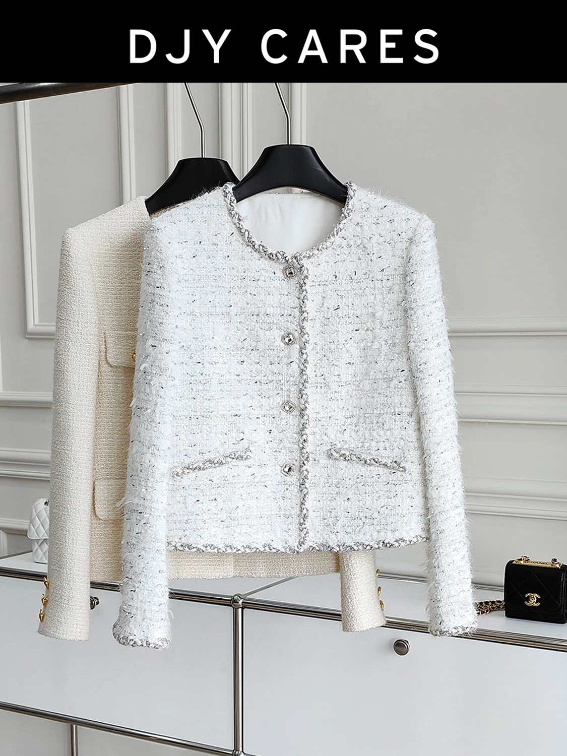 

New Coarse woolen white coat versatile small fragrant style top big size