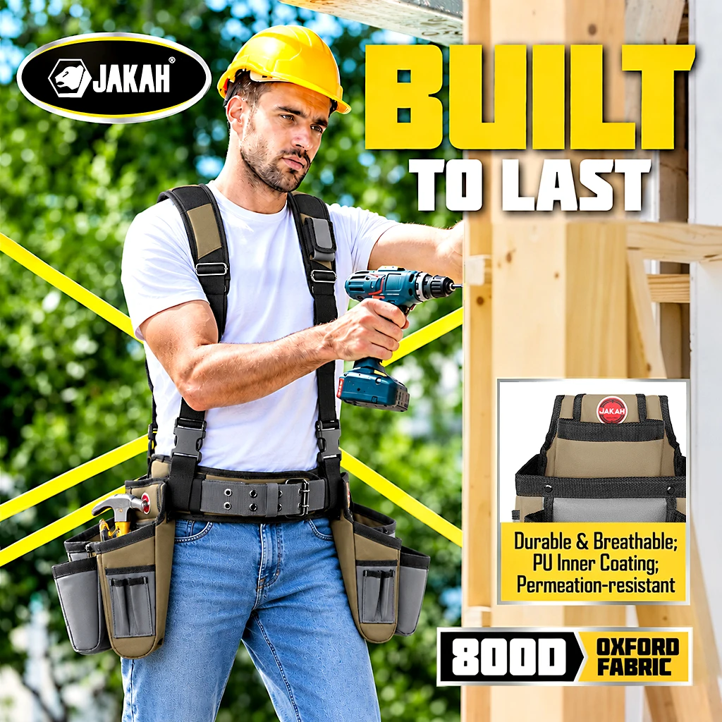 Jakah Tool Belt for Men, 32 to 66 Inches Adjustable Tool Belt with Suspenders for Electricians, Carpenters, Construction Workers