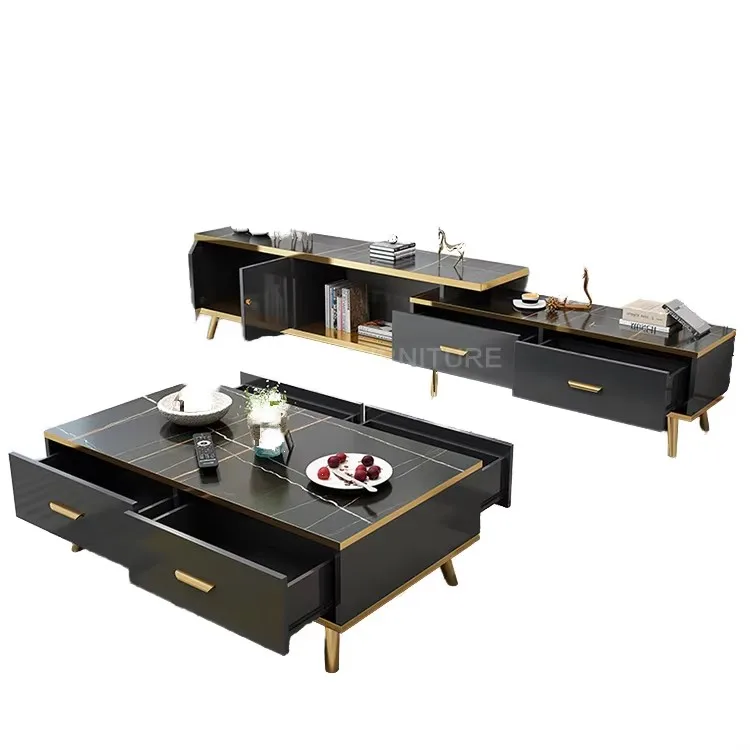 

#@Modern Luxury Nordic Simple Design Different Colors Wood Black Gold Tv Stand and Coffee Table Set for Home