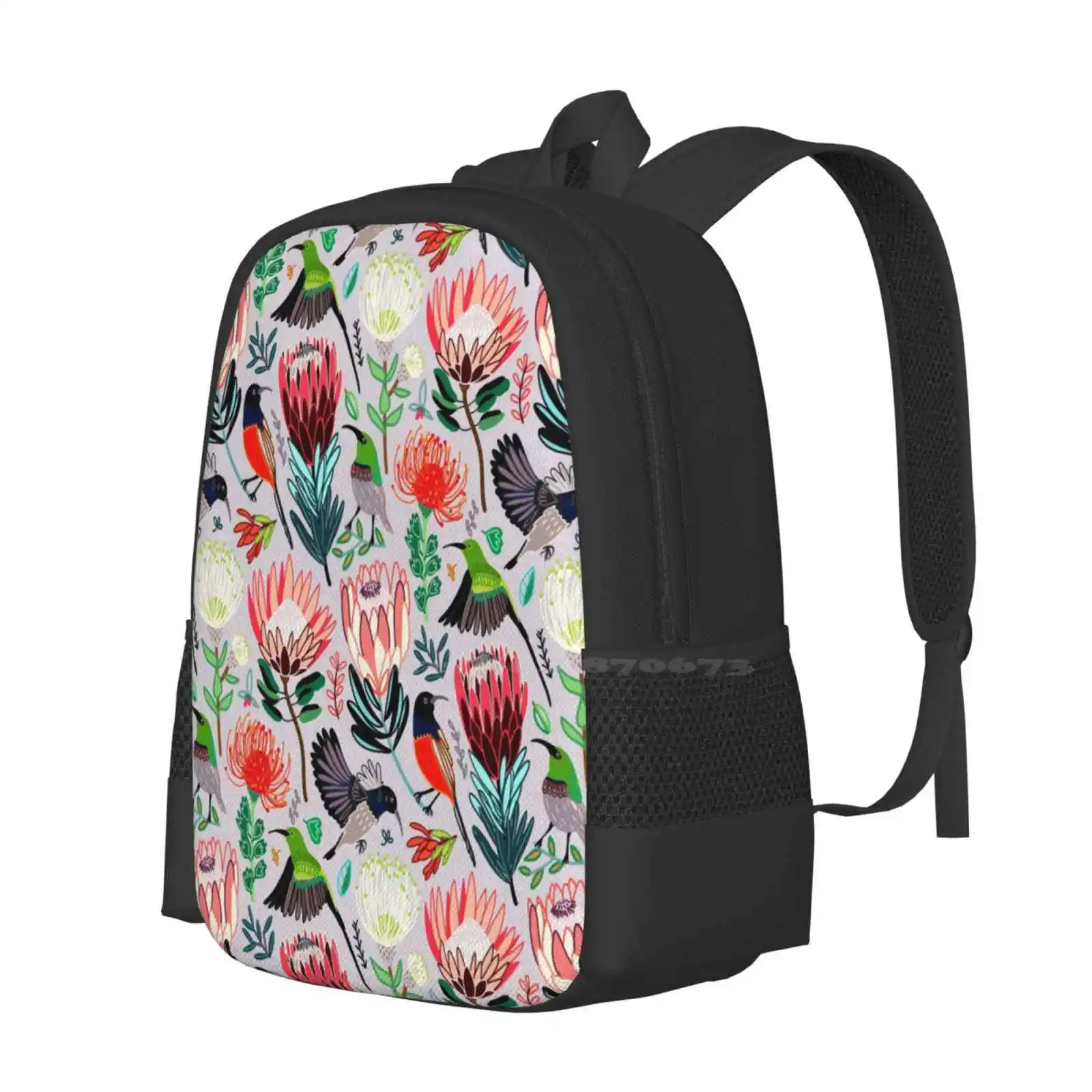 Sunbirds & Proteas On Grey Hot Sale Backpack Fashion Bags Sunbirds Colorful Birds Bird Pattern Protea Patern Bird And Protea