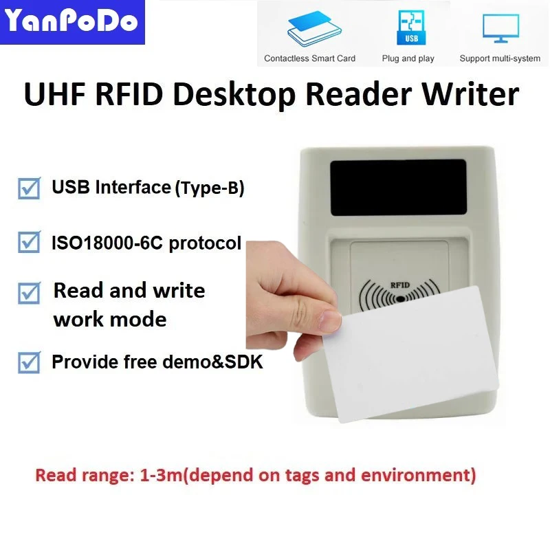 

Yanpodo 0-3M 860-960Mhz Portable Desktop UHF RFID Reader Keyboard HID USB RFID Writer UHF Type-B Interface with APK and SDK
