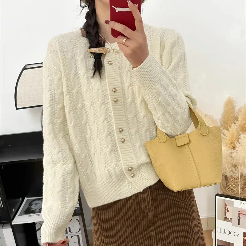 2025 Vintage Autumn Winter Dough Twists Gold Button Sweater Delicate Gentle Women Cardigan Fashion Solid Loose Warm Knit Coat