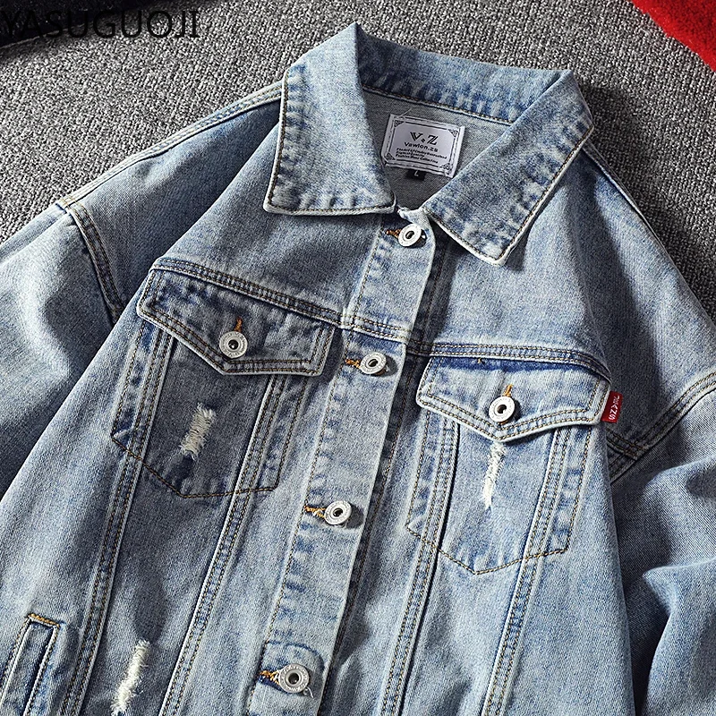 YASUGUOJI Streetwear moda męska Denim kurtki zepsute Patchwork dopasowane jeansy rurki płaszcz wiosna jesień Streetwear płaszcz dla mężczyzn