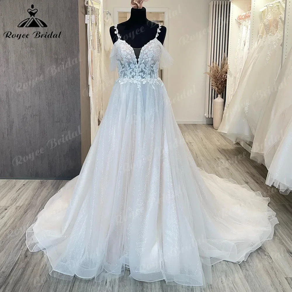 Luxury Sparkly Lace Off Shoulder V Neck Wedding Gown Short Cap Sleeve 2025 Bridal Gown Court Train Spaghetti Straps Appliques