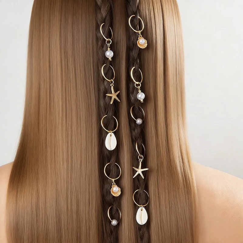10PCS/set Sea Shell Braided Hair Rings Hair Buckle Hip Hop Dirty Braids Personalized Casual Hairs Clips Bohemian Vacation Styles