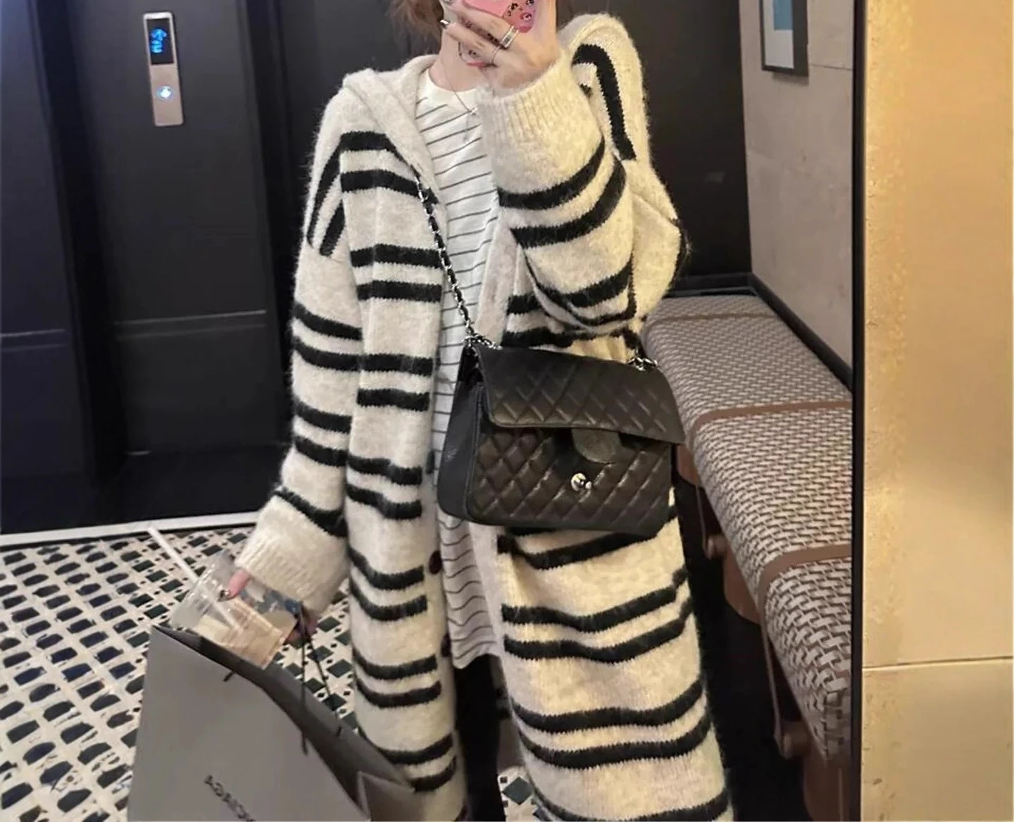 

Hooded Striped Knitted Cardigan Women's Autumn and Winter Fashion Casual Versatile Long Sweater Jacket
