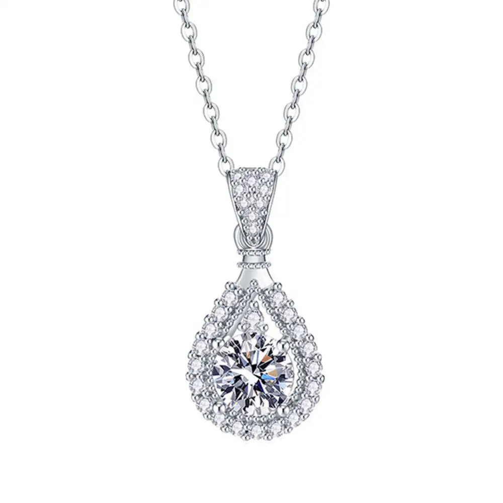 925 Sterling Silver Teardrop Halo Pendant Necklace D VVS1 Round Cut Moissanite Drop Charm Necklace For Women