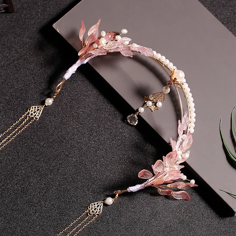 Pink Floral Hairband Chinese Hanfu Hair Accessories Long Tassel Tiaras Headband Fairy Forehead Hair Jewelry Vintage Pearl Crown