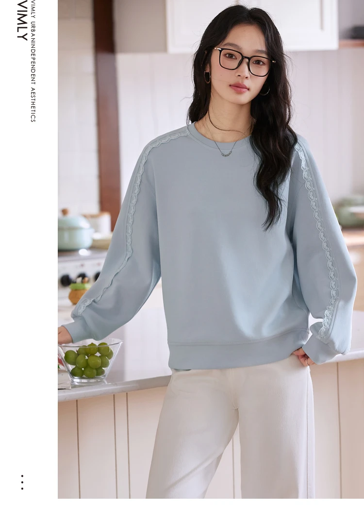 VIMLY Women's Sweatshirt 2025 Spring Autumn Casual Blue Lace Loose Pullover Cotton Blend Long Sleeve Top Female Clothes A0656