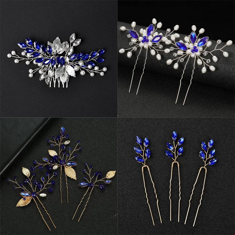 

Blue Wedding Hair Headband Rhinestone Hair Comb Bridal Beaded Headpiece Woman Party Accessories Bride Beaded Headwear