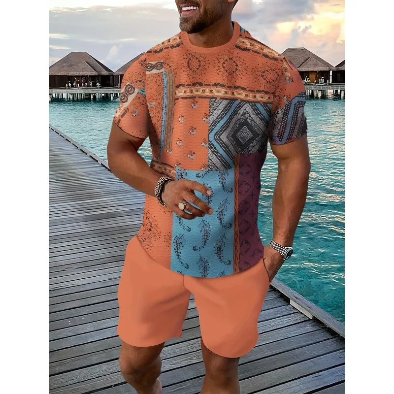 2025 Fashion Leisure Outdoor Sports Summer Men's 2-piece Latest 3D Digital Printed Short Sleeve Shorts Set