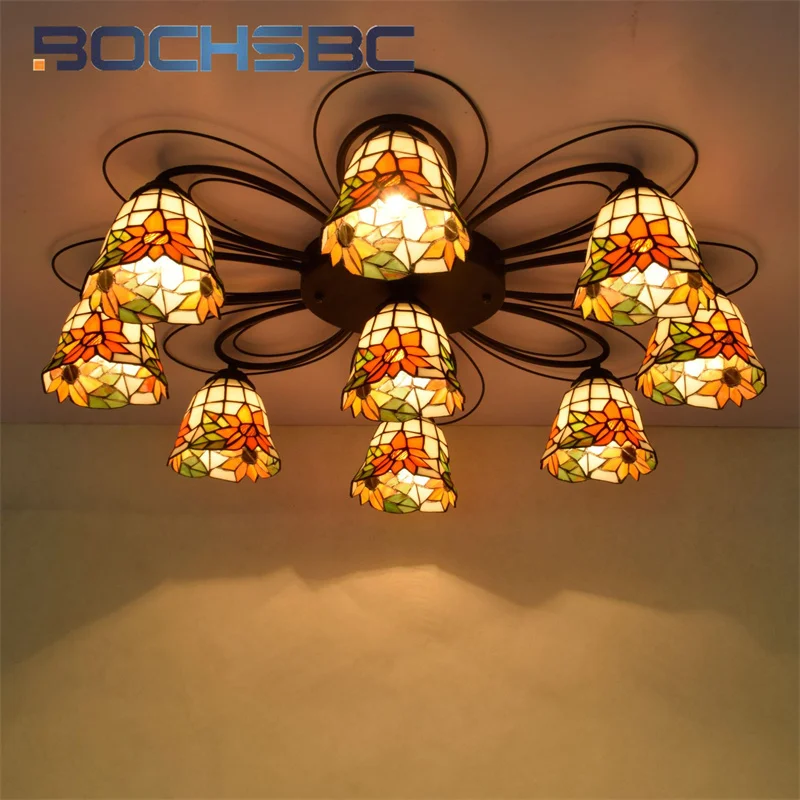 BOCHSBCTiffany stained glass ceiling light Sunflower deco living room Dining Room hotel aisle multi chandelier flush mount light