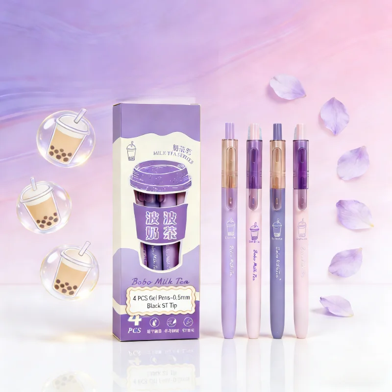 Picture 4: 4-Pack Milk Tea Practice Pens Retractable Quick-Dry Ballpoint Pens Smooth ST Nib Black Pens for Students