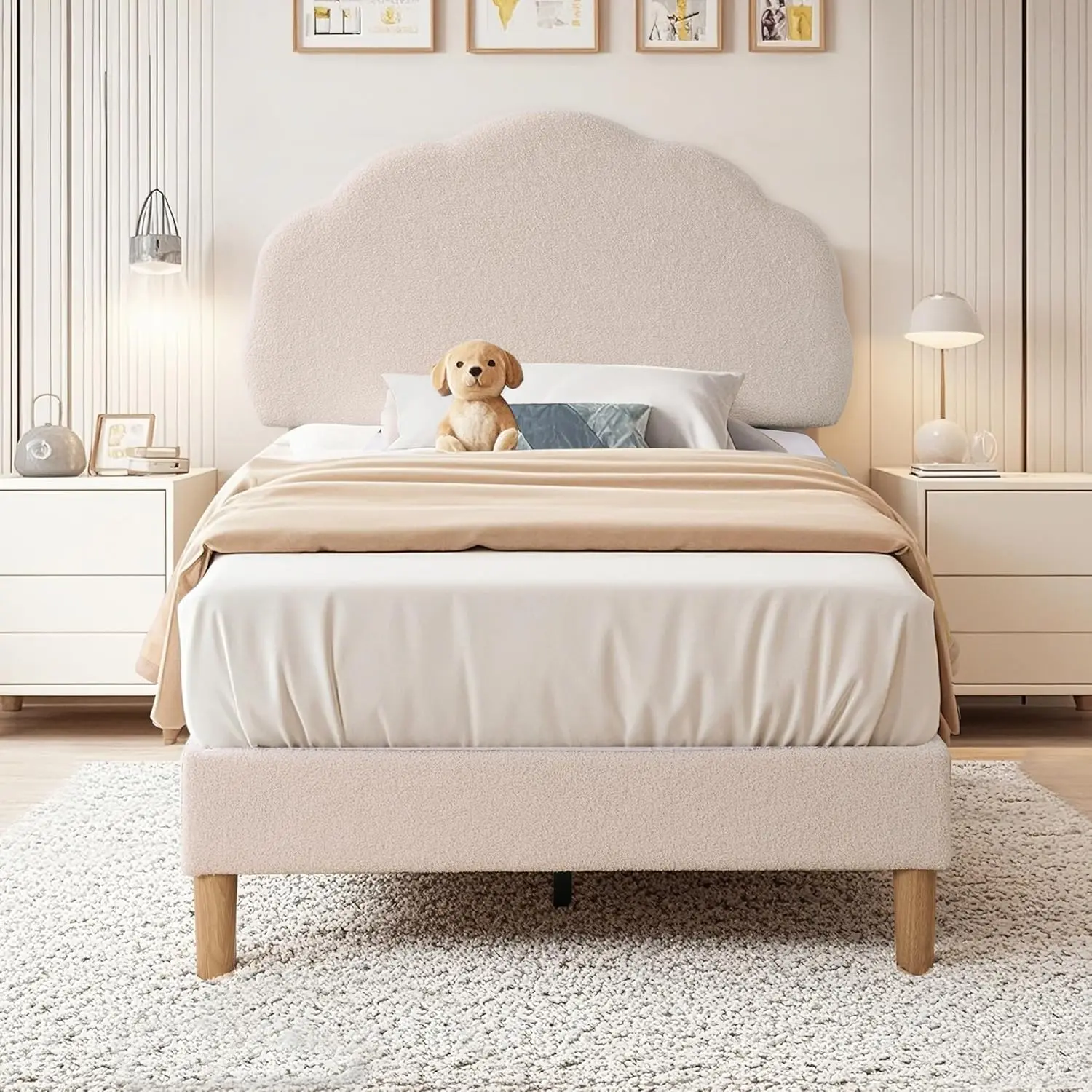 Twinsize bedframe, gestoffeerd platformbedframe met in hoogte verstelbaar hoofdeinde van pluche stof, sterke houten lattenbodems, nr