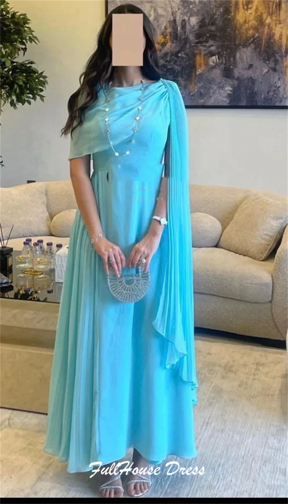 Vestido de noche acampanado fluido con cuello redondo, sencillo, personalizado, clásico, sin espalda, vestido de fiesta largo para novia, vestido de fiesta drapeado con capa