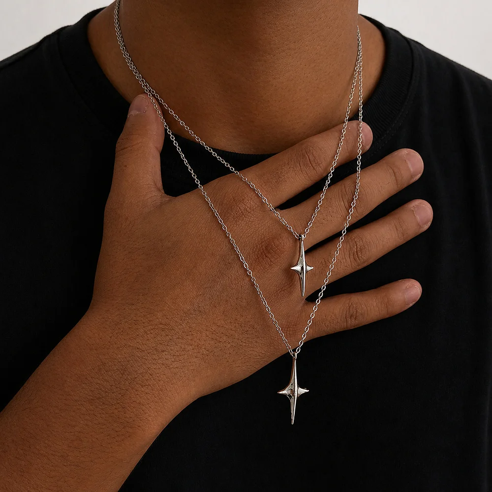 Einfache Herren-Halskette mit quadratischem silberfarbenem Edelstahl-Anhänger, Retro-Schlangenkette, Hip-Hop-Schmuck, Damen-Halskette, Accessoire – Detail 4