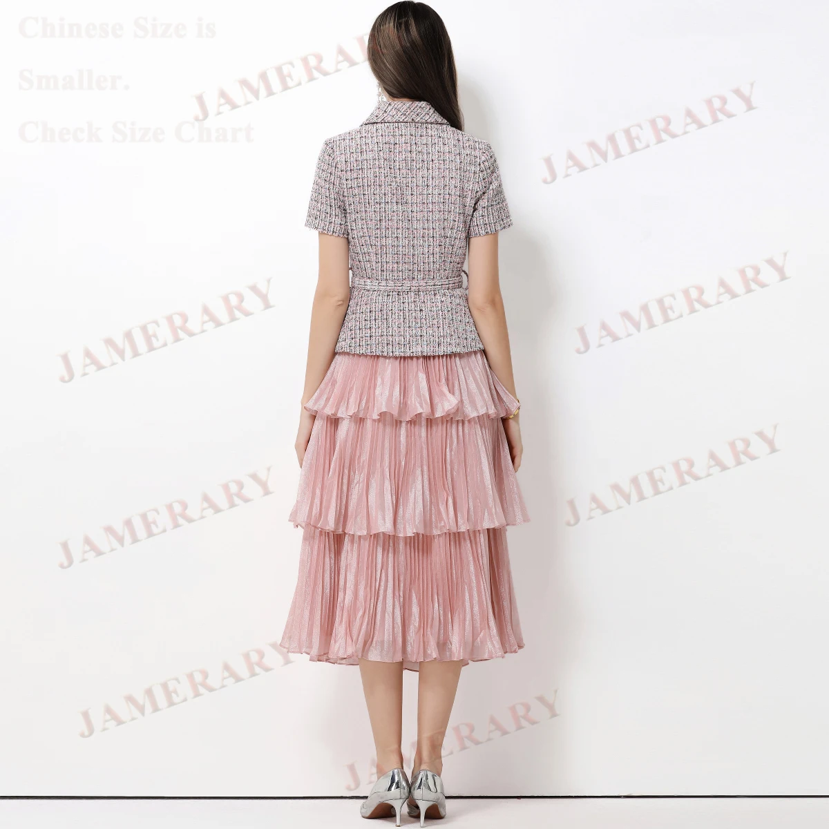 Summer Plaid Tweed Fake Two-Piece Set Long Dress Women Tweed Top Satin Cake Skirt Short Sleeve Diamond Elegant Autumn Dresses