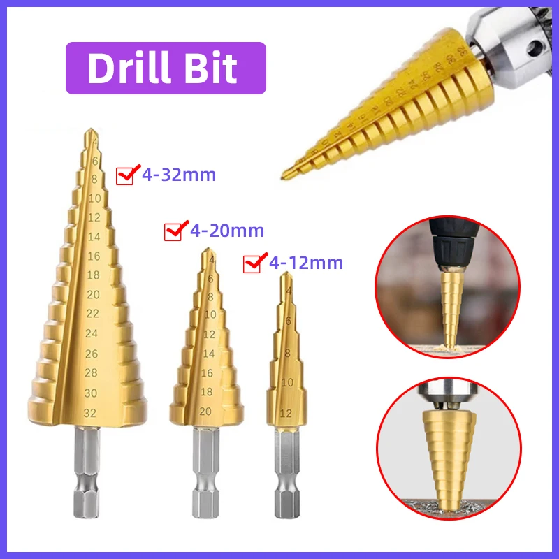 

Creamily 4-12mm 4-20mm 4-32mm HSS Titanium Coated Step Drill Bit Drilling Power Tools Wood Hole Cutter Cone Drill