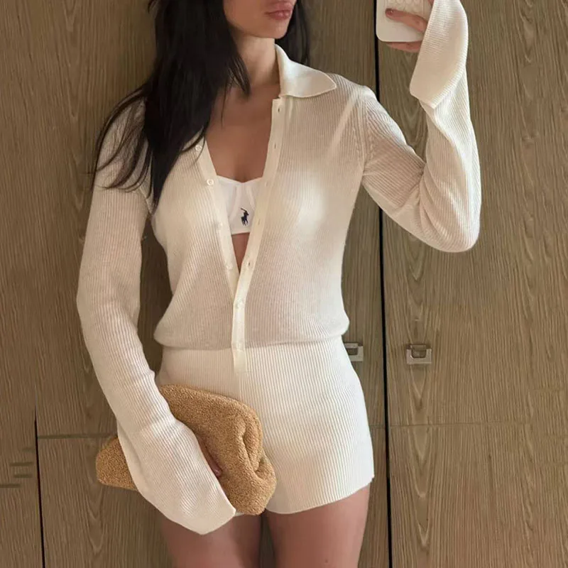 

Sexy pure lapel single-breasted one-piece knitted sweater for women, long-sleeved, slimming and form-fitting base top