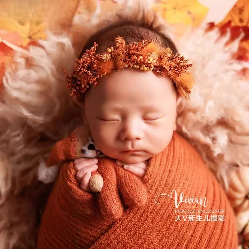 ملابس تصوير لحديثي الولادة لالتقاط الصور الفوتوغرافية للطفل، مجموعة أوراق القيقب الخريفية، عصابة رأس على شكل زهور لمجموعة خلفية ديكور
