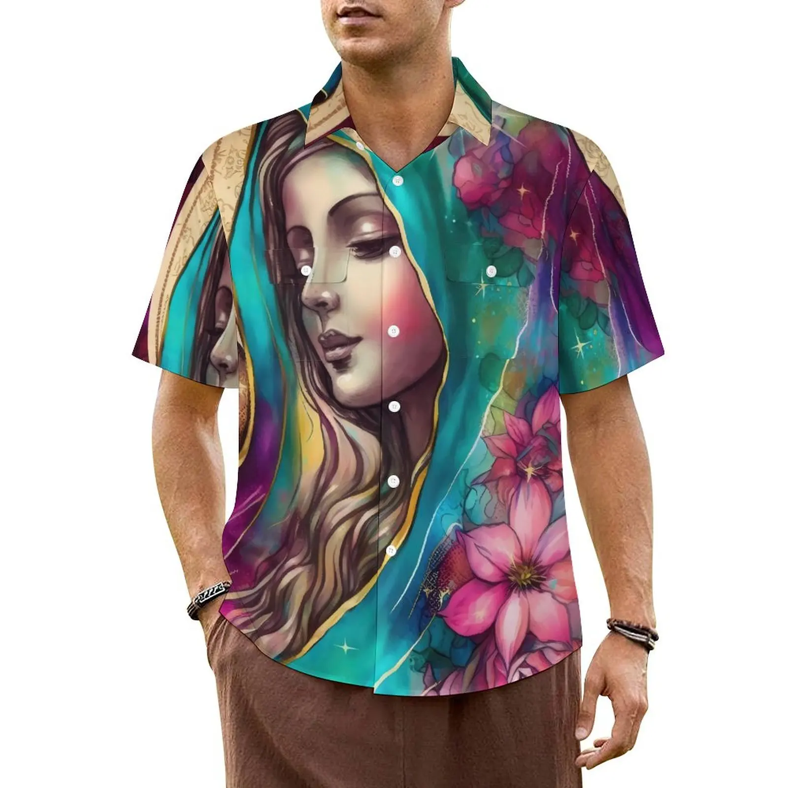 

Virgin Mary Hawaii Shirt For Men Beach Mother Goddess Casual Shirts Short Sleeve Harajuku Custom Loose Plus Size 6XL Blouses